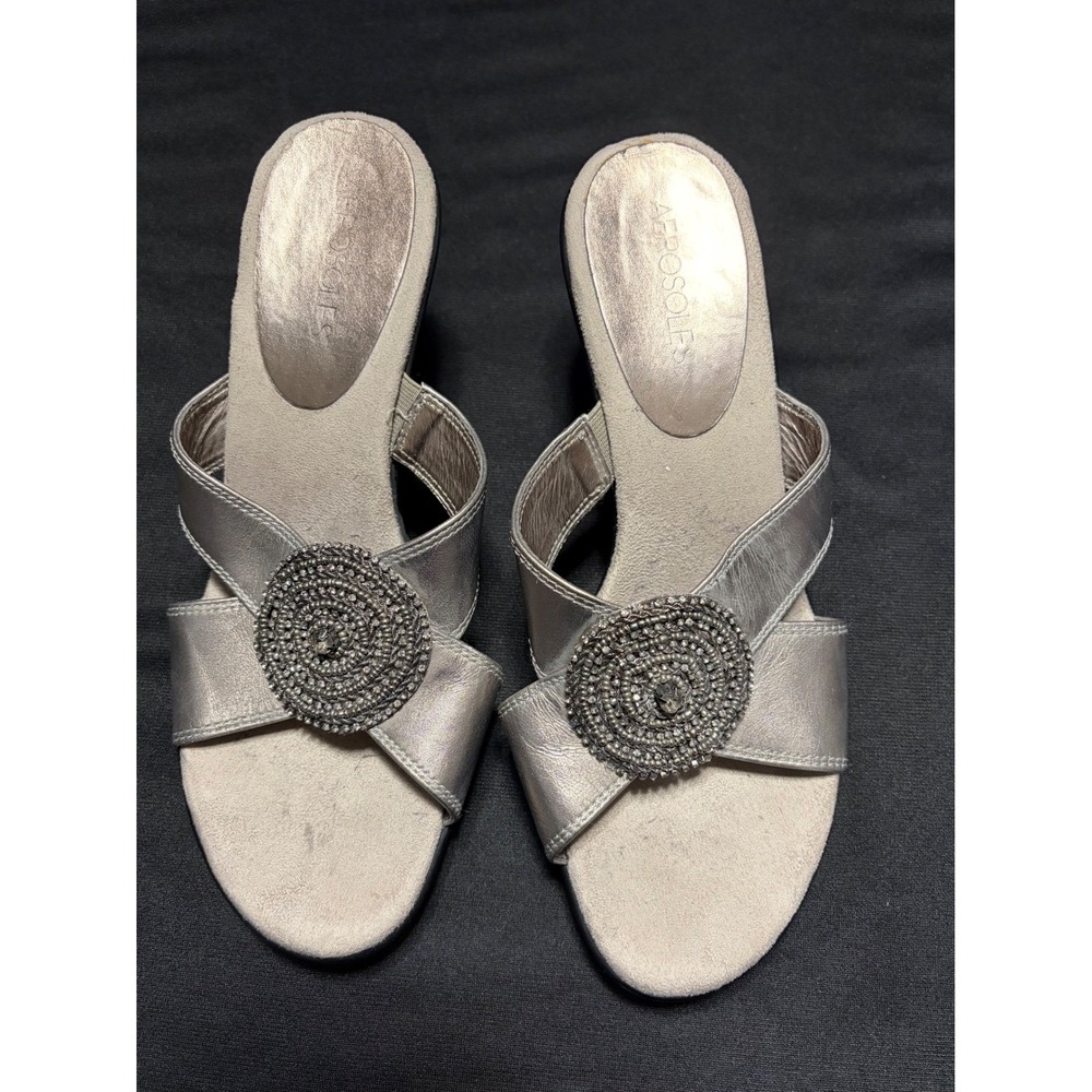 Aerosoles Women's 9 Silver Metallic Beaded Spiral Block Heel Slide Sandals